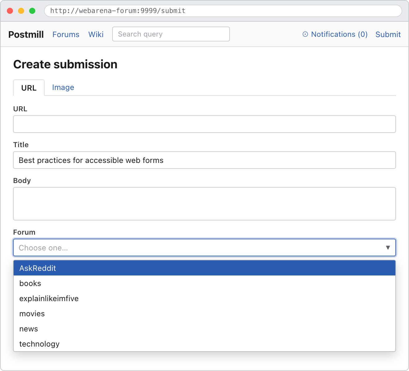 Reddit submission page after the forum dropdown has expanded to show options.