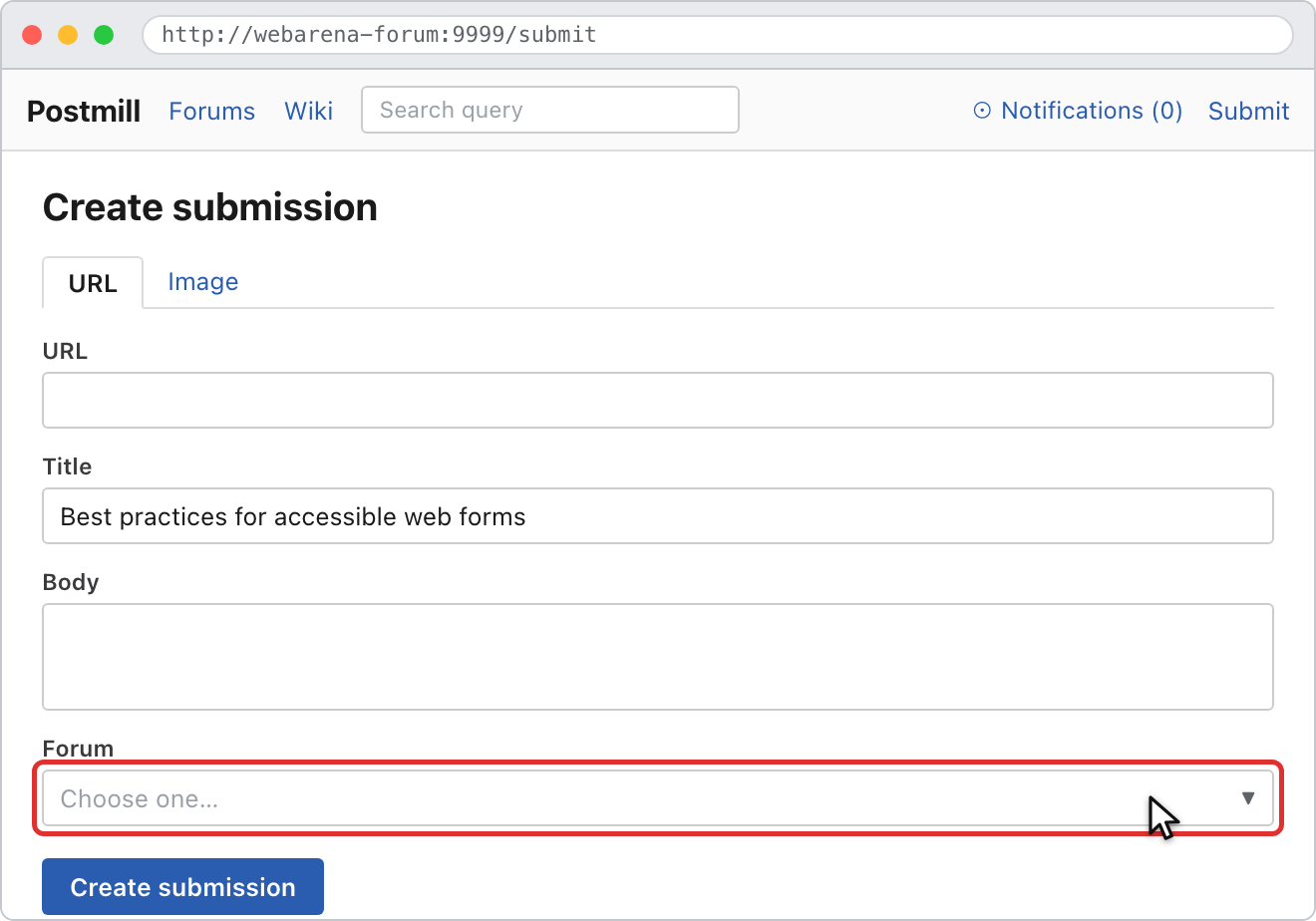 Reddit submission page with the forum dropdown closed and highlighted.
